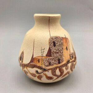 Southwestern Vase With Rustic Painted Design and Textured Accents Artist Signed